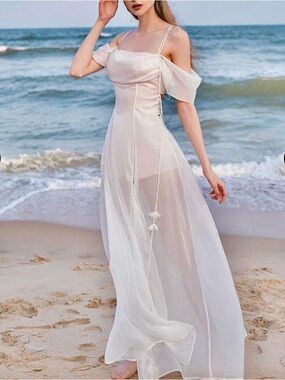 White off shoulder Maxi Dress with Shells and Pearls details